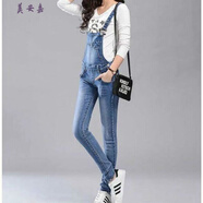 美安嘉春秋牛仔背帶褲套裝女減齡顯瘦吊帶小腳長(cháng)褲連體牛仔褲女彈力韓版 6005淺色長(cháng)褲 XS