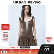 UR2025春季新款女裝撞色蕾絲飄帶U領(lǐng)無(wú)袖修身連衣裙UYY750014 深棕色 (偏短) XS