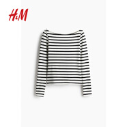 H&M女裝T恤2025年秋季新款一字領(lǐng)顯瘦氣質(zhì)休閑長(cháng)袖打底上衣1267582 白色/黑色條紋 M 165/96