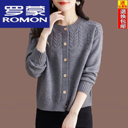 羅蒙（ROMON）羊毛衫女針織開(kāi)衫女短款寬松小香風(fēng)針織開(kāi)衫上衣圓領(lǐng)毛衣外套 灰色 M 90-100斤穿