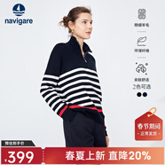 Navigare意大利小帆船女士長(cháng)袖針織衫秋冬款舒適半開(kāi)領(lǐng)上衣翻領(lǐng)條紋毛衣女 暗夜黑/白 S 碼
