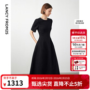 朗姿【Basic衣櫥】小香風(fēng)法式赫本風(fēng)波點(diǎn)小黑裙女收腰高智連衣裙 黑色 M