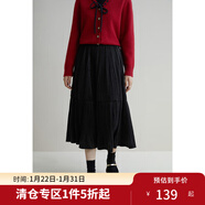 獨束大碼女裝絲絨百褶半身裙女冬裝新款高腰兩段式拼接壓褶A字半裙 月夜黑 2XL