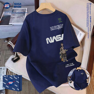 WHIM NASA美式設計夏季短袖男2026新品純棉原創(chuàng  )卡通刺繡半袖字母印花情侶裝 藏青色 S 建議80-105斤