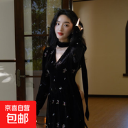 法式碎花黑色絲絨繡絲絨連衣裙2026秋冬款高端顯瘦氣質(zhì)性感長(cháng)裙子 圖片色 2XL 建議120-130斤