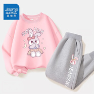 真維斯兒童套裝圓領(lǐng)長(cháng)袖薄款長(cháng)褲男童女童秋季衣服中大童寬松運動(dòng)服童裝 【薄款套裝】粉（兔）灰（粉） 140