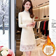衫槿空半高領(lǐng)加絨加厚蕾絲連衣裙女秋冬季中長(cháng)款胖大碼內搭花邊打底衫 淺杏色(加絨版) 保暖款 2XL