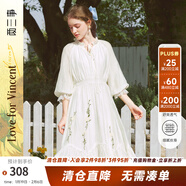 兩三事梵高文藝迷霧芳影2025春季新款法式蕾絲拼接燈籠袖繡花連衣裙 白色 L