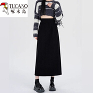 啄木鳥(niǎo)（TUCANO）黑色西裝半身裙女2025春夏新款大碼胖mm高腰顯瘦中長(cháng)版a字包臀裙 黑色毛呢面料今年流行的輕奢品牌 S 【建議80-95斤】