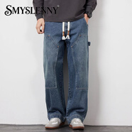 Smyslenny輕奢侈新品牌男裝 美式復古工裝牛仔褲男重磅寬松分割拼接直 901-藍色 28