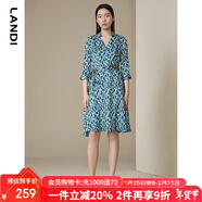 藍地新款孔雀藍印花七分袖碎花連衣裙女高腰a字中長(cháng)裙春夏 孔雀藍 M