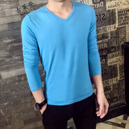 楠子漢#秋裝男士長(cháng)袖t恤純色薄款男土打底衫圓領(lǐng)修身秋衣上衣內穿衣服男 長(cháng)袖V 天藍色 XL碼建議125-145斤