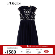 PORTS寶姿女裝夏新品拼接蕾絲雪紡荷葉邊連衣裙ALM8D100GWS001 丈青 XS (2)