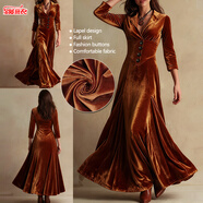 金屢燕衣女士時(shí)尚優(yōu)雅ins絲絨西裝領(lǐng)大擺長(cháng)裙春秋晚宴禮服裙歐美跨境女裝 棕色 S