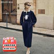 Olrain【5折】Polo連衣裙女裝秋季收腰趣味卡通印花衛衣裙子 藏青色 S
