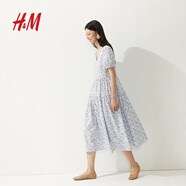 H&M女裝連衣裙2025秋季新款泡泡袖度假風(fēng)V領(lǐng)植物印花長(cháng)裙1287800 白色/花卉 XL 175/116