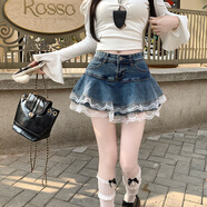 妹丫2026春季美式純欲風(fēng)辣妹設計感彈力牛仔蛋糕百褶半身裙褲裙子女 淺藍色 M