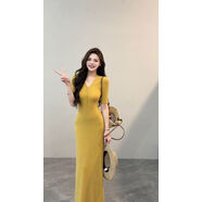 蘇蘇夏季新款顯瘦V領(lǐng)五分袖連衣裙氣質(zhì)修身包臀長(cháng)裙DT1123 黃色高個(gè)子 S S