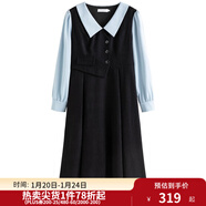 獨束大碼女裝假兩件撞色襯衫領(lǐng)連衣裙女秋冬微胖mm文藝復古穿搭裙子 墨染黑【適合160左右】 2XL