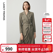 朗姿設計感ol風(fēng)氣質(zhì)顯瘦西裝裙冬季新款法式長(cháng)袖高級感連衣裙 卡其綠色 XL