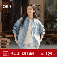 森馬（Semir）森柔|牛仔襯衫女春中長(cháng)款oversize落肩長(cháng)袖衣服格紋街頭襯衣 藍色調00388 S