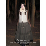 ADTNM【復古通勤】韓系格子半身裙女冬季蕾絲拼接肌理皺感a字長(cháng)裙子ins 格紋棕 S