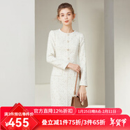 經(jīng)典故事（JANE STORY）經(jīng)典故事高端小香風(fēng)連衣裙2024新款設計感精致釘珠高級感氣質(zhì)長(cháng)裙 白金色 M