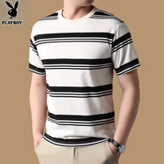 花花公子（PLAYBOY）圓領(lǐng)短袖t恤男夏季新款冰絲半袖男寬松休閑條紋上衣棉T潮上衣服男 杏白 LLL055 L 170