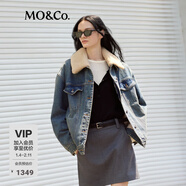 MO&Co.牛仔棉服可拆卸毛領(lǐng)懷舊洗褪復古棉廓形夾克金屬扣摩安珂 牛仔藍色 L 170