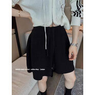 歐洲站2024秋冬松緊腰抽繩A字版裙褲型闊腿針織褲韓系羊毛短褲女 黑色 L L