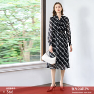 顏域復古撞色印花長(cháng)袖連衣裙2025早春新款顯瘦氣質(zhì)中長(cháng)款雪紡裙女 黑白格 M
