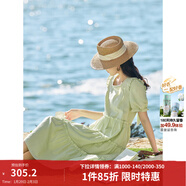 茵曼（INMAN）七七同款連衣裙2026夏女裝新款田園純棉提花方領(lǐng)A字泡泡袖蛋糕裙 淡綠色 74.6%粘纖 25.4%棉  M