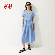 H&M女裝連衣裙2025秋季新款泡泡袖度假風(fēng)V領(lǐng)植物印花長(cháng)裙1287800 淺藍色 M 165/96