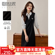 熙世界（sllsky）2025秋季新款假兩件條紋襯衫領(lǐng)連衣裙女長(cháng)袖學(xué)院風(fēng)中長(cháng)裙子 星空黑 S