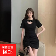 2026年流行女裝新款心機鏤空包臀裙設計感小眾收腰抽繩短袖連衣裙 黑色 S
