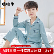 嚕嚕牛兒童睡衣男童純棉春秋長(cháng)袖男孩中大童小孩子家居服套裝全棉 淺青藍-A50021 150 (16碼建議身高140-145)