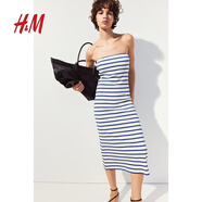H&M女士連衣裙秋季修身彈力潮流羅紋抹胸裙1235777 白色/亮藍色條紋 XL 175/116