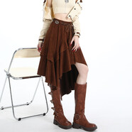 溥畔美式覆古咖色不規則麂皮絨半身裙女秋裝波西米亞荷葉邊A字百褶裙 焦糖棕 S