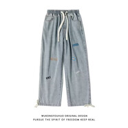 Timpeake潮牌直筒牛仔褲男款寬松闊腿褲彩色繡條工裝褲潮流休閑男生褲子GK22401 淺藍色 M