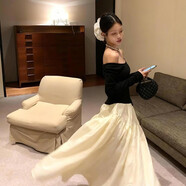 山頭林村訂婚禮服女高級感冬季露肩長(cháng)袖復古連衣裙秋冬法式公主長(cháng)裙 黑白拼接裙 M