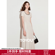 初語(yǔ)撞色假兩件拼接U領(lǐng)短袖連衣裙女2025夏季新款收腰中長(cháng)款裙子 淺灰杏 M