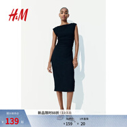 H&M女裝背心吊帶連衣裙2025夏季通勤修身一字肩垂褶緊身裙1283258 黑色 XS 155/80