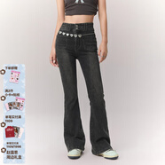 CHUU高腰磨白微喇牛仔褲女士2026春季新品水洗磨破喇叭褲長(cháng)褲子 黑灰 25