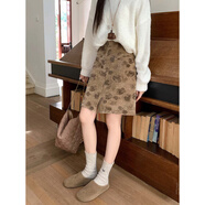 小紅書(shū)爆款秋冬加厚加絨半身裙胖mm高腰絲絨a字裙中裙印花開(kāi)叉包臀短裙 卡其色 S