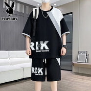 花花公子（PLAYBOY）高品質(zhì)夏季短袖短褲兩件套男士新款寬松休閑運動(dòng)T恤潮流套裝潮 TZ1103黑色 【高品質(zhì)】 L 100-120斤