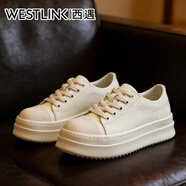 Westlink西遇男鞋新款2026春季休閑百搭復古板鞋男低幫厚底增高休閑小白鞋 米白色 44