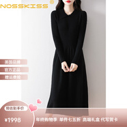 NOSSKISS奢侈高檔品牌羊毛連衣裙女2025秋冬新款POLO領(lǐng)寬松高腰過(guò)膝毛衣裙 黑色 M 適合95-105斤