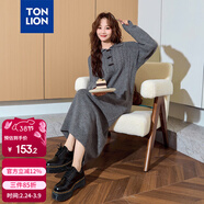 唐獅（TonLion）2024女翻領(lǐng)長(cháng)袖連衣裙長(cháng)裙 深灰 S 