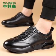 木林森（MULINSEN）男鞋2025春季新款頭層牛皮軟底運(yùn)動(dòng)休閑鞋男耐磨百搭黑色皮面鞋子 黑色 38 皮鞋碼