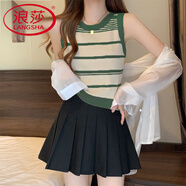 浪莎（LangSha）撞色針織條紋吊帶背心女夏季法式露肩顯瘦內搭短款無(wú)袖上衣外穿潮 品質(zhì)力薦 顏值好物-墨綠色 M (建議86-100斤）